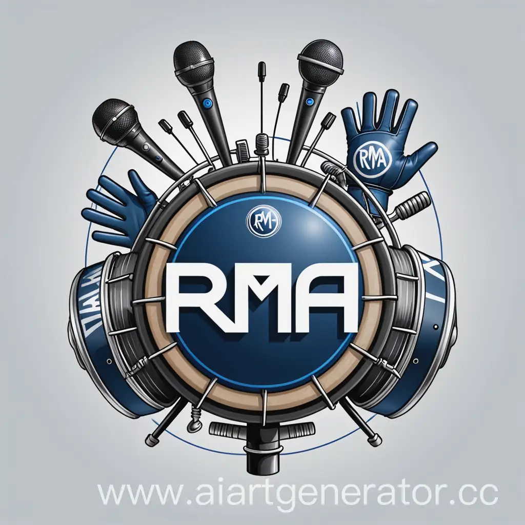 Логотип, где главные буквы RMA, кроме того главным обьектом на логотипе должен быть kick - большой барабан, а также руль перчатки и провода от микрофона и все в синих серых и прозрачных тонах

