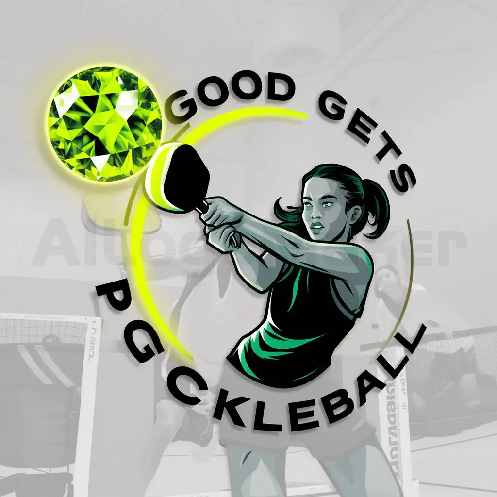 a logo design,with the text "Good Gets pickle ball  in a circle shape", main symbol:would like to have my logo with a picture of a girl making a hard shot .All my stickers and decals would have a fluorescent green gem in the center where the ball would be.,Moderate,clear background