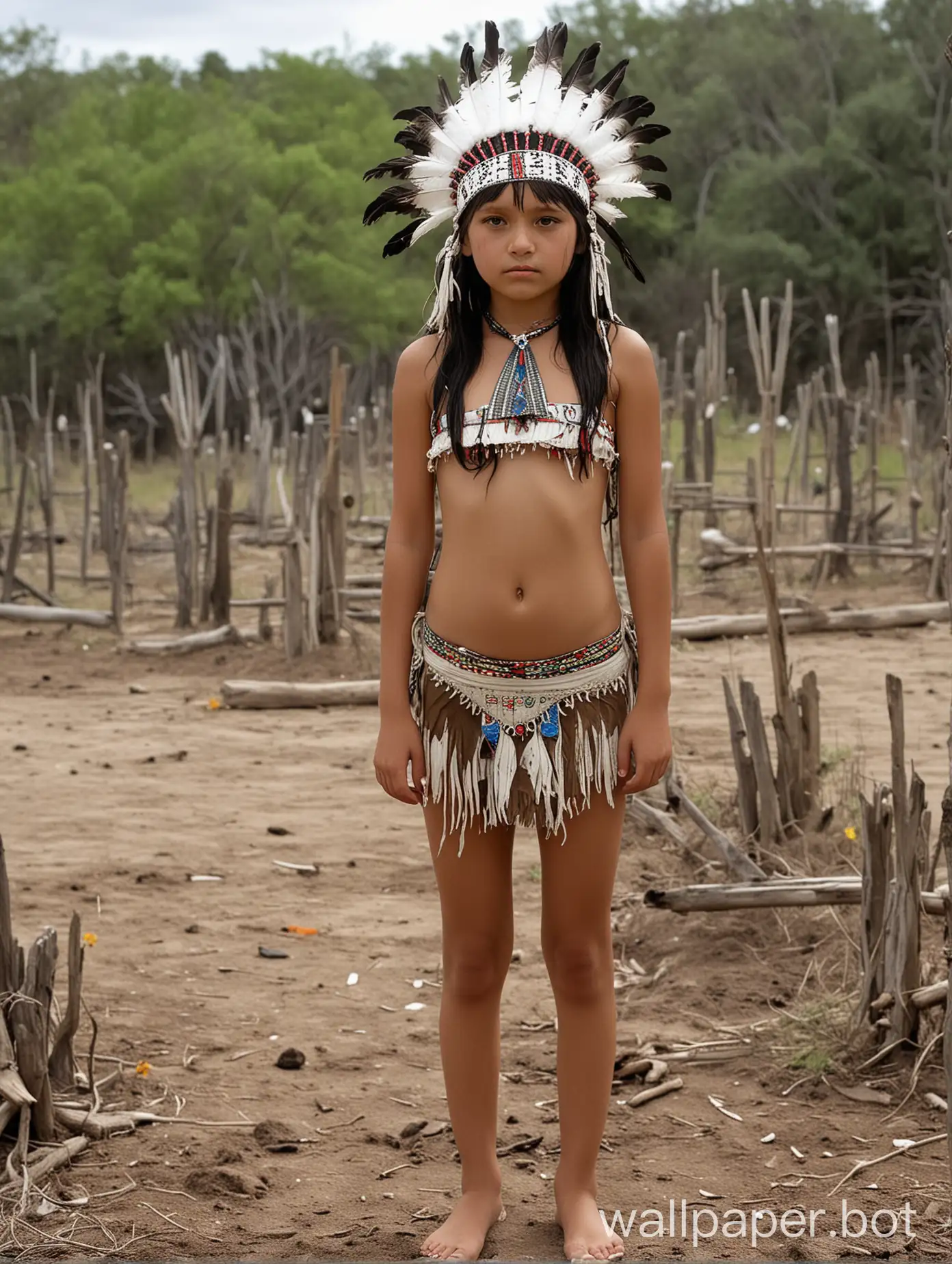12 year old native American girl black hair black eyes wearing headdress a small mini skirt and a native bikini top with little perky breasts and standing in a native American burial ground 