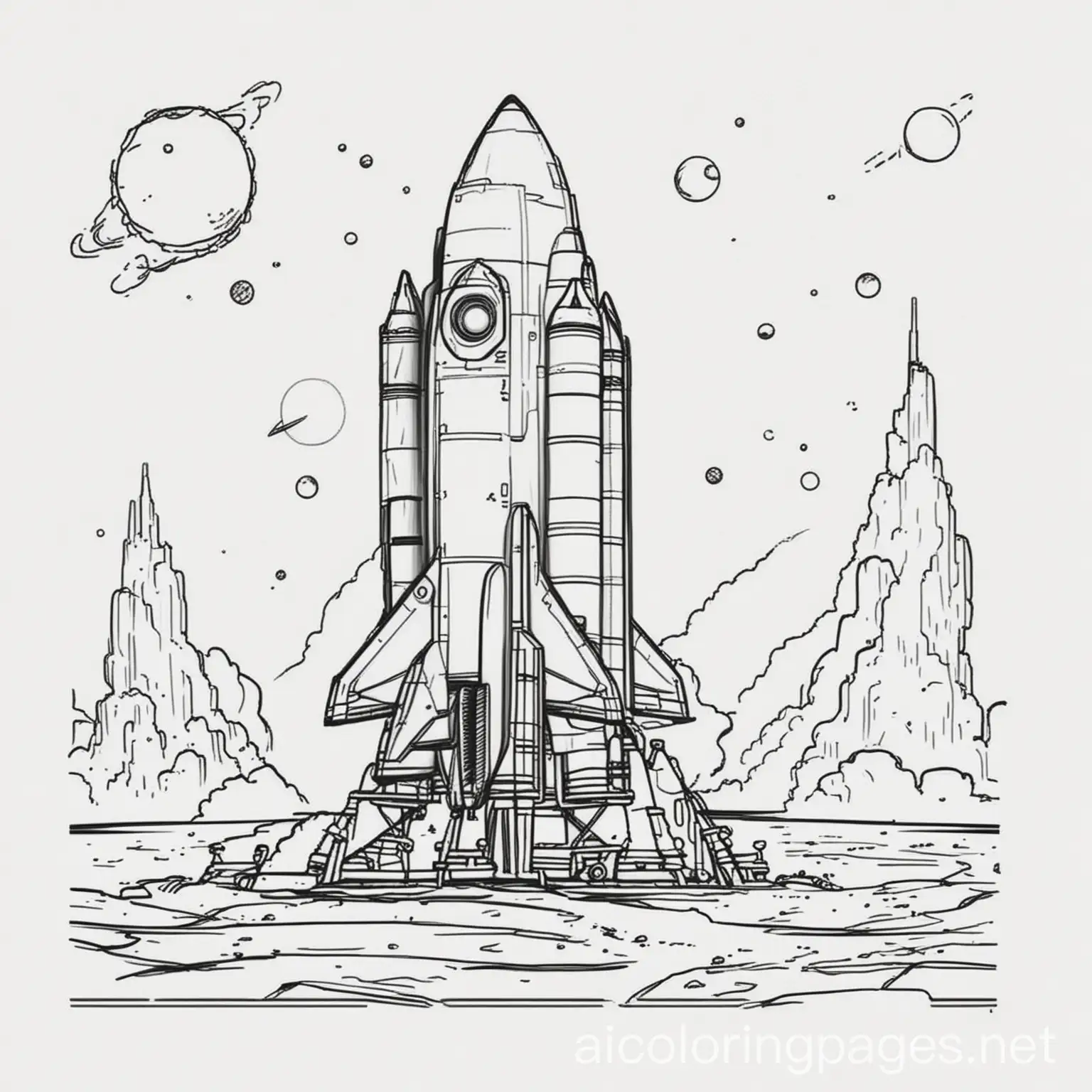 A rocket launch pad ready for lift-off, coloring page, black and white, line art, white background, Simplicity, Ample White Space. The background of the coloring page is plain white to make it easier for children to color within the lines. The outlines of all the subjects are easy to distinguish, making it simple for kids to color without too much difficulty. There should be planets on the background to color, Coloring Page, black and white, line art, white background, Simplicity, Ample White Space. The background of the coloring page is plain white to make it easy for young children to color within the lines. The outlines of all the subjects are easy to distinguish, making it simple for kids to color without too much difficulty