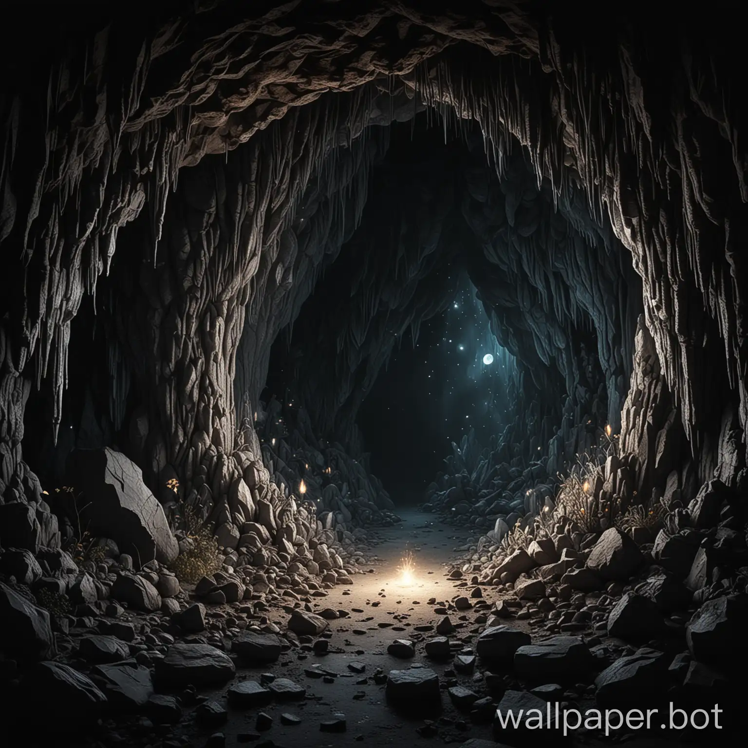 draw a fantasy magical cave on a black background