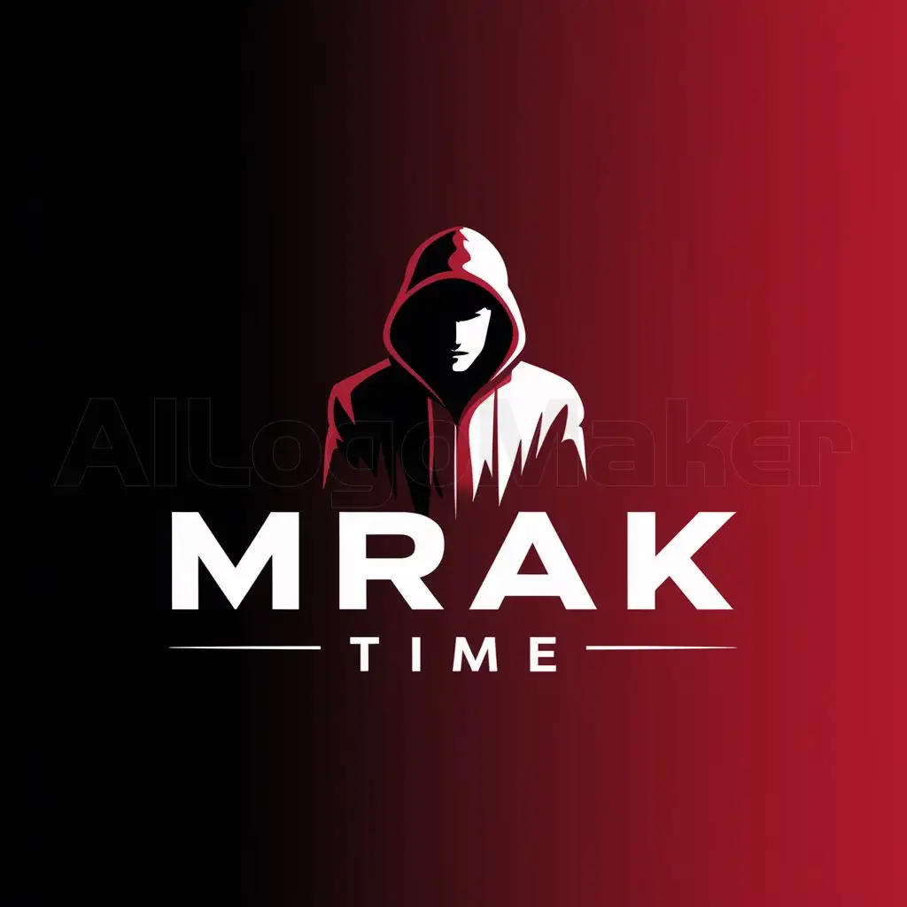 a logo design,with the text "MRAK TIME", main symbol:Person in a hoodie, face not visible, on a black background shifting to red color,complex,be used in Internet industry,clear background