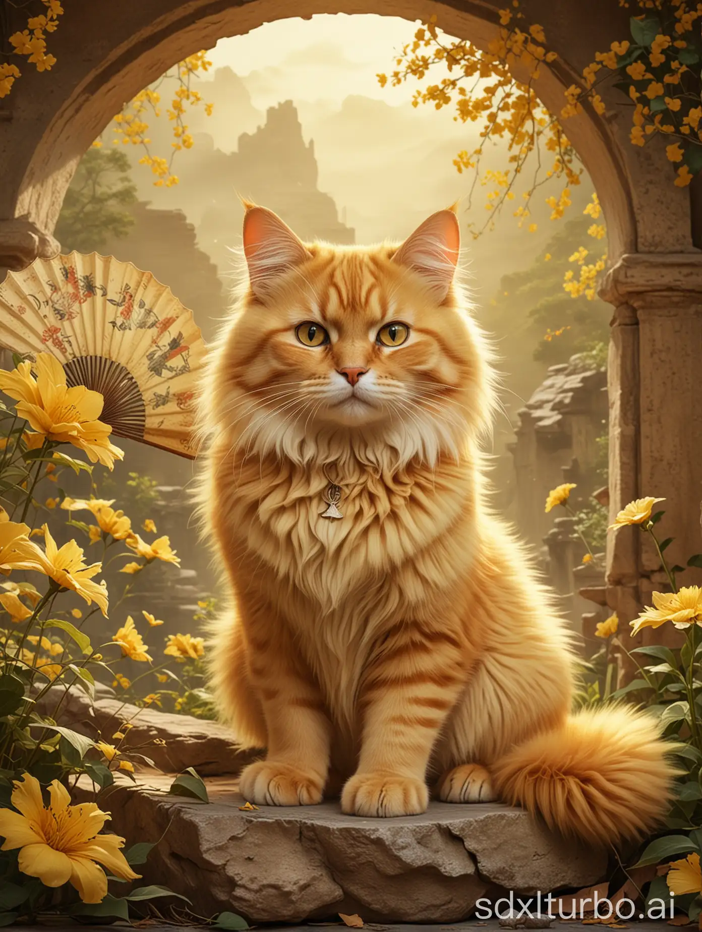 wallpaper, create 1 panel of fan art with a fluffy yellow cat, ancient style