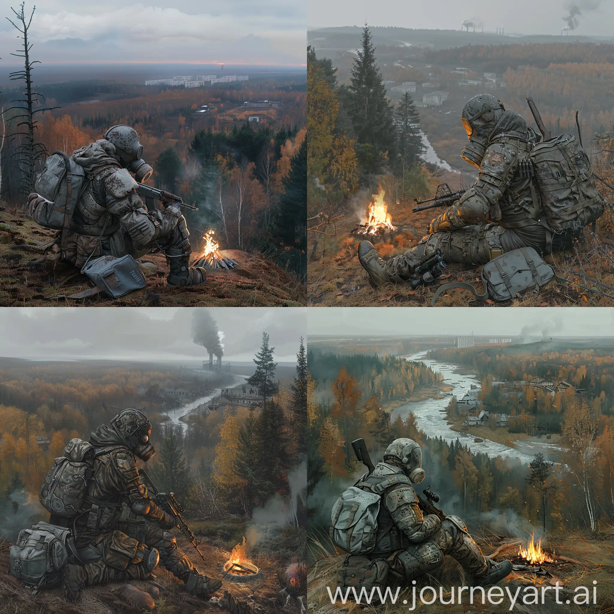 Digital art,  stalker are sitting on a hill by a campfire, stalker is wearing a dirty armored suit, a gasmask on his face, he has a rifle in his hands, a small gray backpack on his back, the weather is gloomy autumn, from the hill, where the stalker are sitting, there is a view of the forest and an abandoned Soviet village standing in the distance from abandoned city Pripyat.