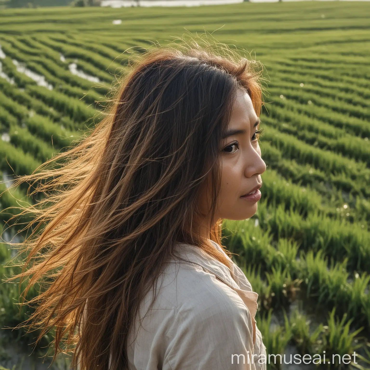 Indonesian Woman Observing Rice Fields