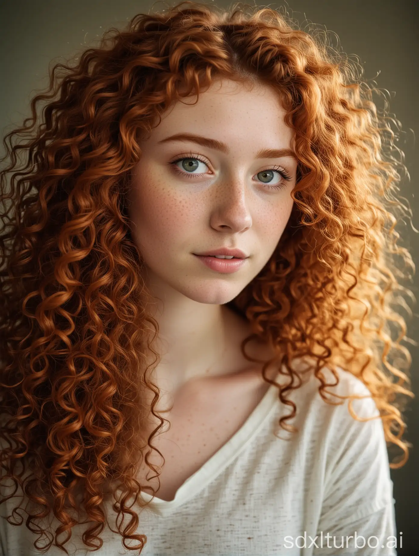 portrait photo of cute slender ginger college girl, 20 years old, pale fair skin, body freckles, red big curly hair, doting, pleasant face, Hasselblad photography, masterpiece, best quality, Fujifilm