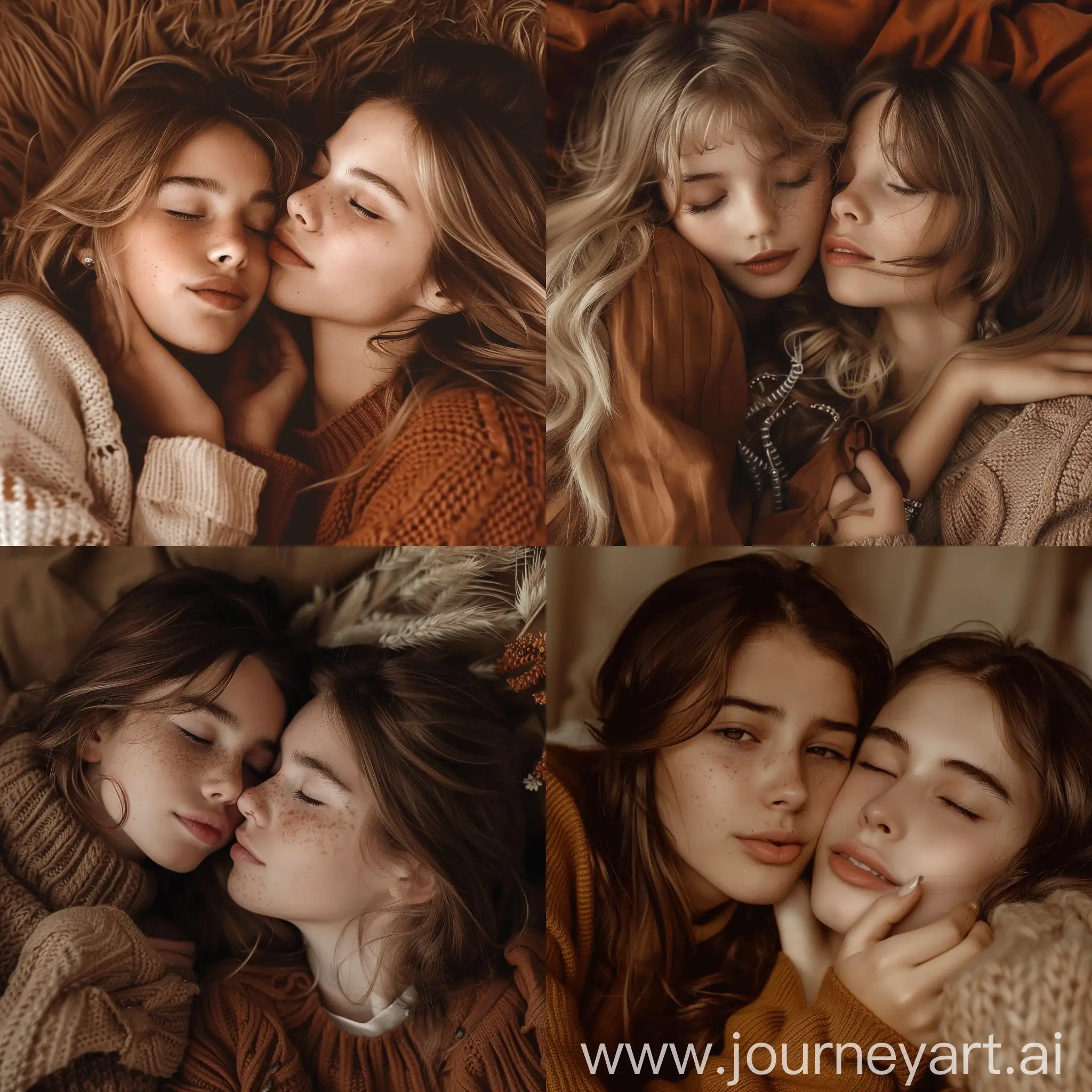Aesthetic Instagram selfie of two teenage girls 16, lying down next to each other, romantic, cute, kissing cheek, warm brown color tones, cozy