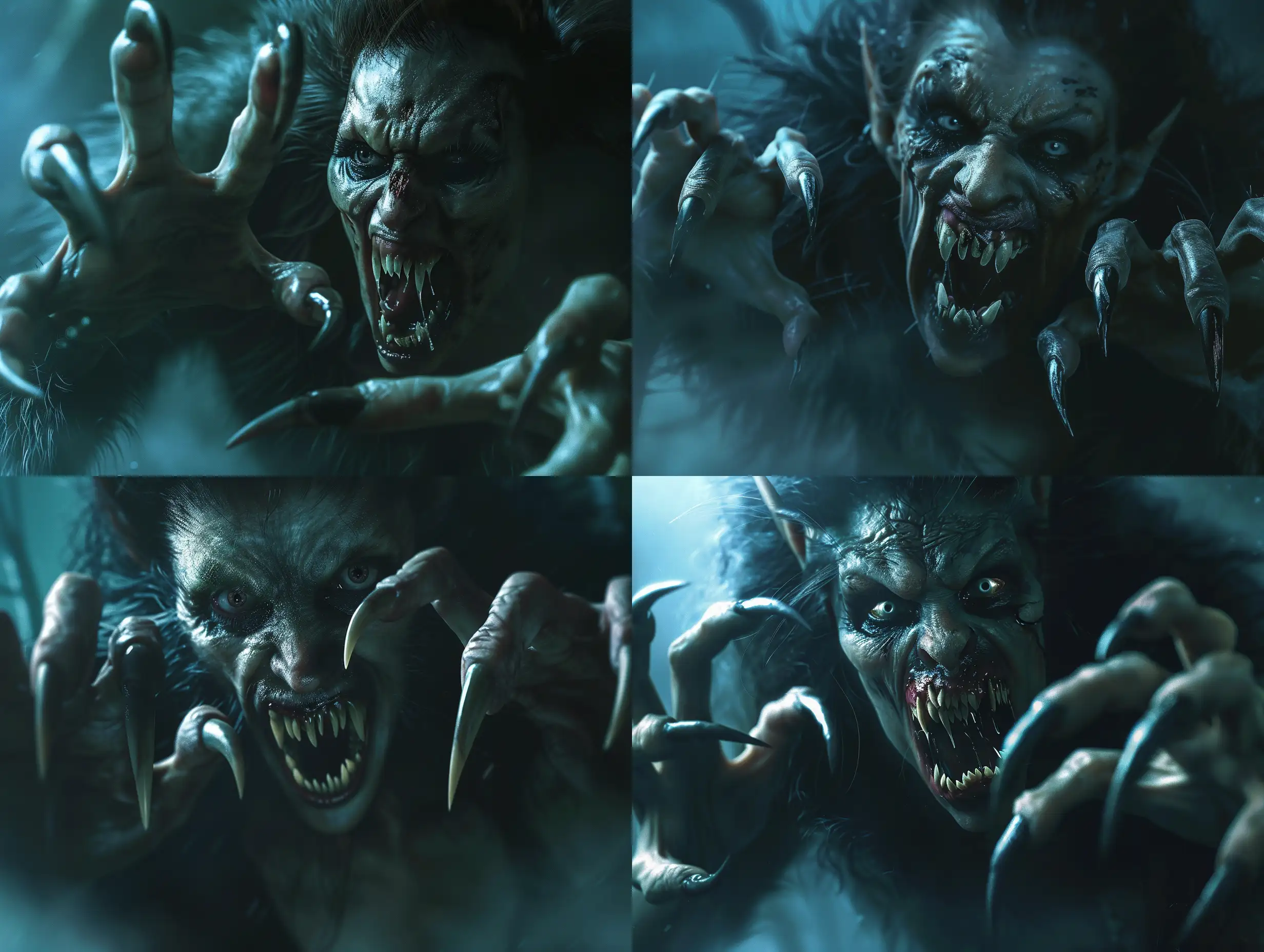 Photorealism of a monstrous female vampire with long, curved, pointed nails, exuding an aggressive and terrifying presence. Her pointed, crooked teeth form a scary expression amidst a dark and atmospheric setting. The high-quality depiction should capture the aggressive attack, emphasizing her predatory fangs and detailed nails in a hyper-realistic manner. The lighting should contribute to the horror atmosphere, ensuring a full-body portrayal with realistic hyper-detail. The character design should convey a playful yet menacing quality, with full anatomical accuracy including distinctly human hands with five fingers. The final image must be very clear without flaws, portraying the vampire with unparalleled photorealism