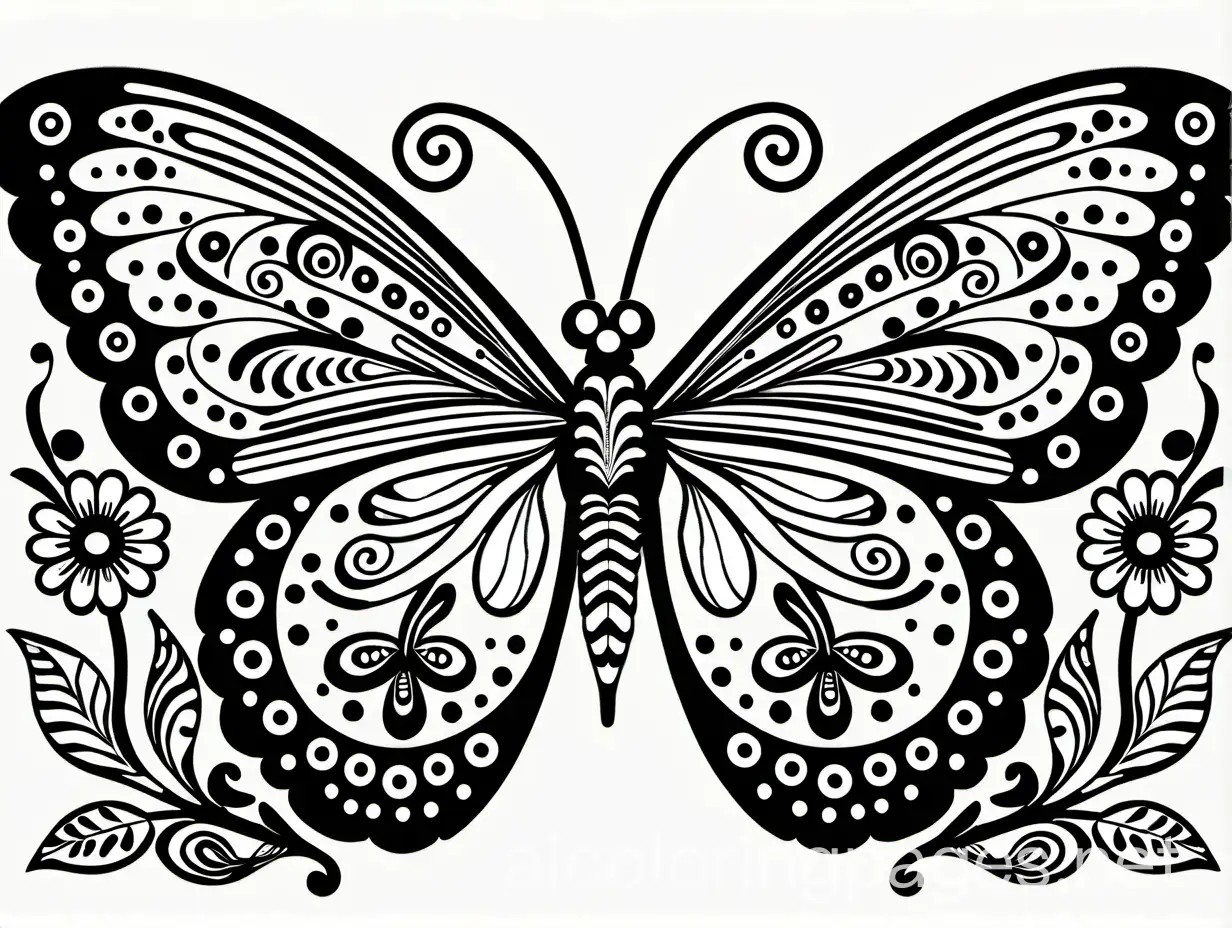 folk art butterfly, Coloring Page, black and white, line art, white background, Simplicity, Ample White Space. The background of the coloring page is plain white to make it easy for young children to color within the lines. The outlines of all the subjects are easy to distinguish, making it simple for kids to color without too much difficulty