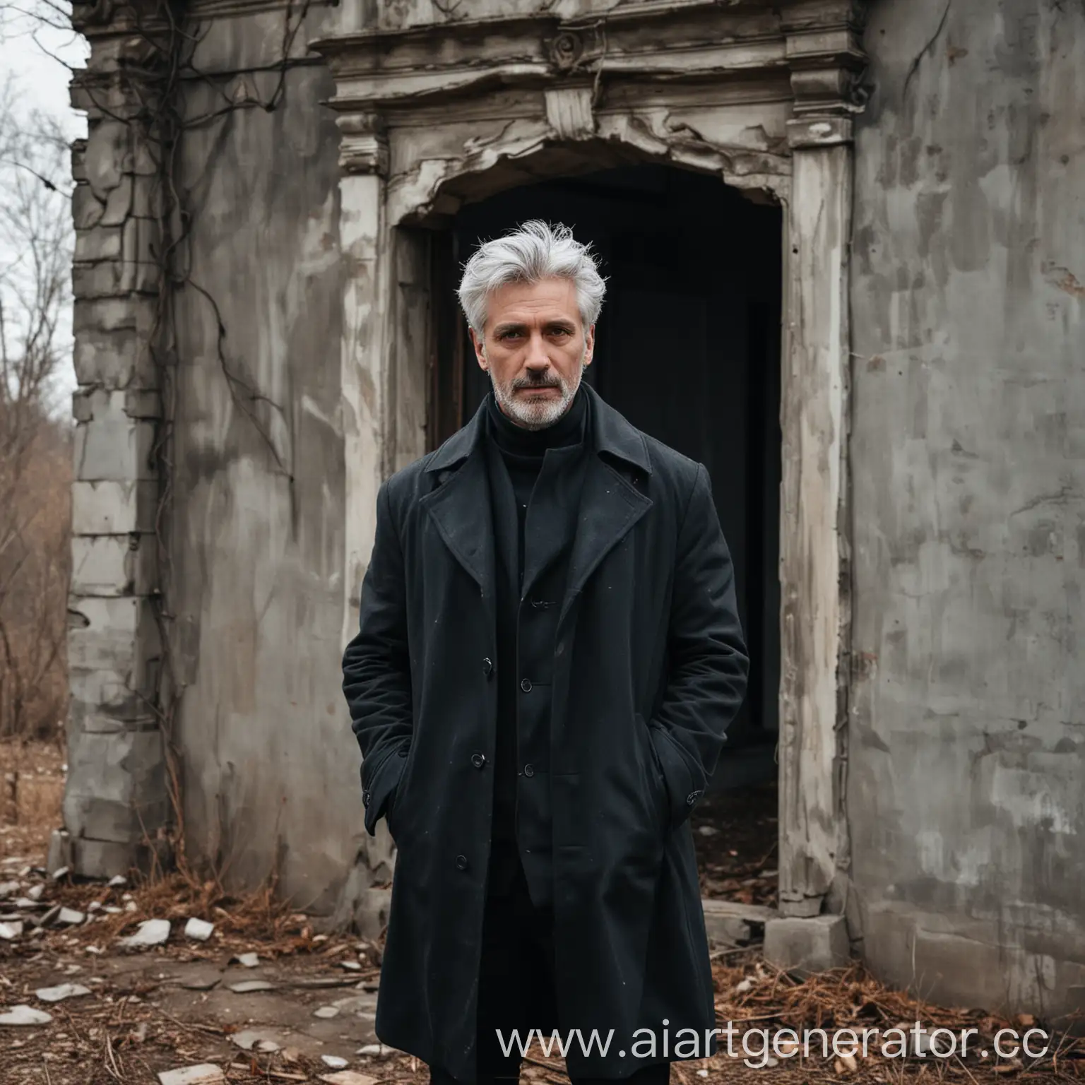 Abandoned-Beautiful-House-with-a-GrayHaired-Man-in-a-Black-Coat