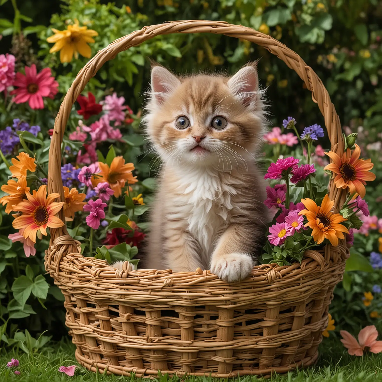 A fluffy, wide-eyed kitten tumbles playfully in a wicker basket overflowing with vibrant flowers, on a green garden  Its tiny paws bat at the petals, sending bursts of colorful blooms into the air, while its tail swishes with curiosity, The kitten's mischievous antics and innocent gaze make for a heartwarming and whimsical scene.