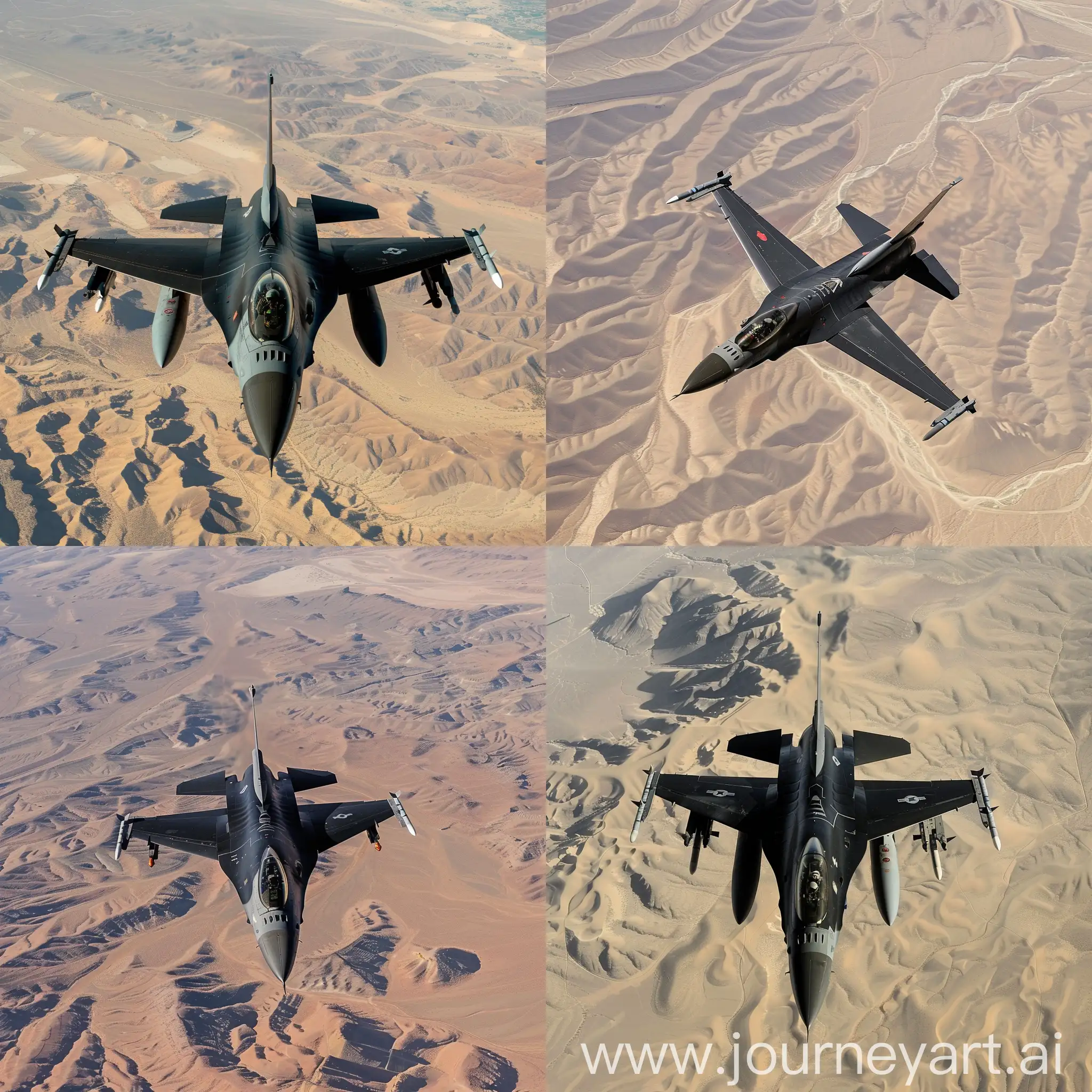 A black F16 plane flies over the desert