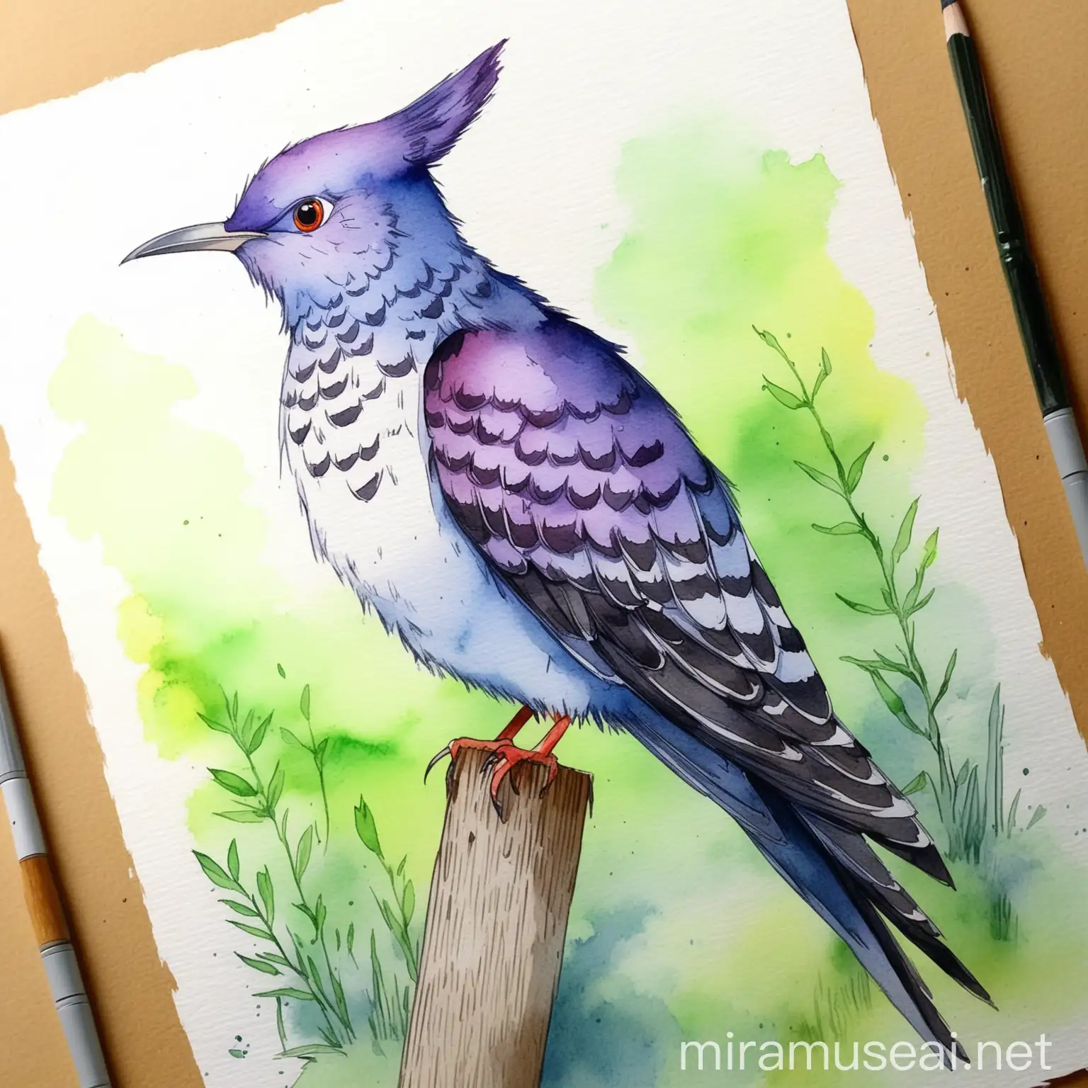 Нарисуй птицу кукушку в июле в стиле акварельного рисунка
