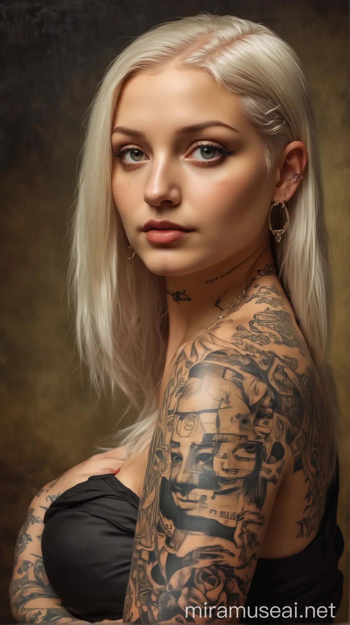 Classical Mona Lisa looking at the future vision of young modern woman with tattoos , piercings and half shaved hair.