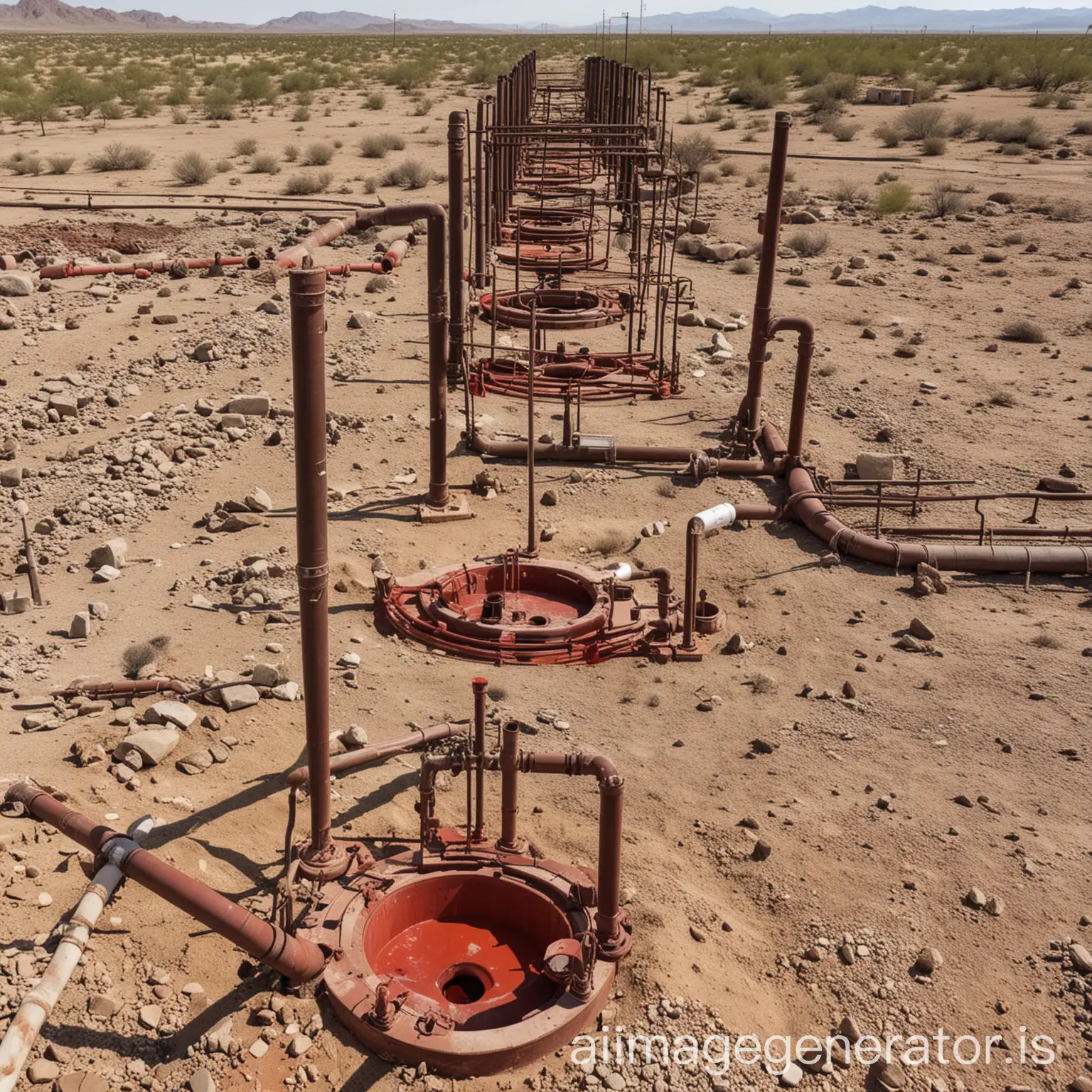 decade old water treatment plant wells and pipe in the desert running with blood