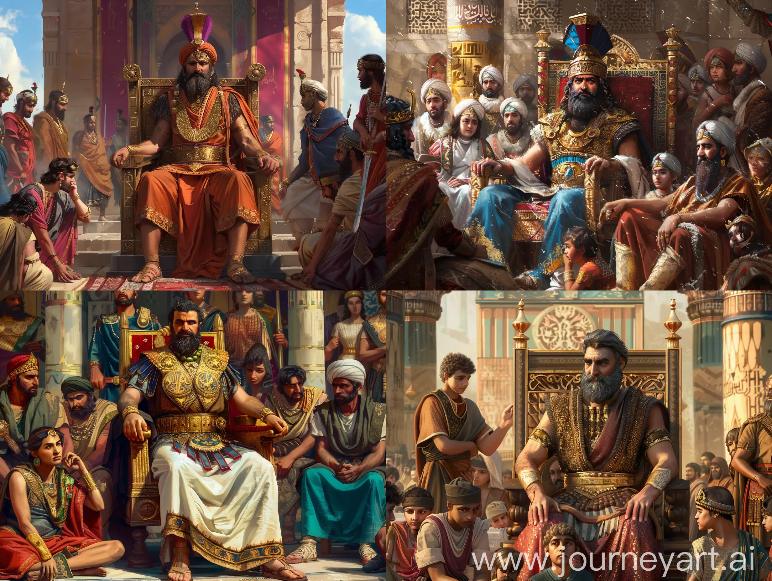 Look for photos of Darius the Great on the Persian web and recreate his image based on them. While he is sitting on a throne, he has frozen a group of people and captured them, try to be based on reality and the atmosphere of the photo is historical.