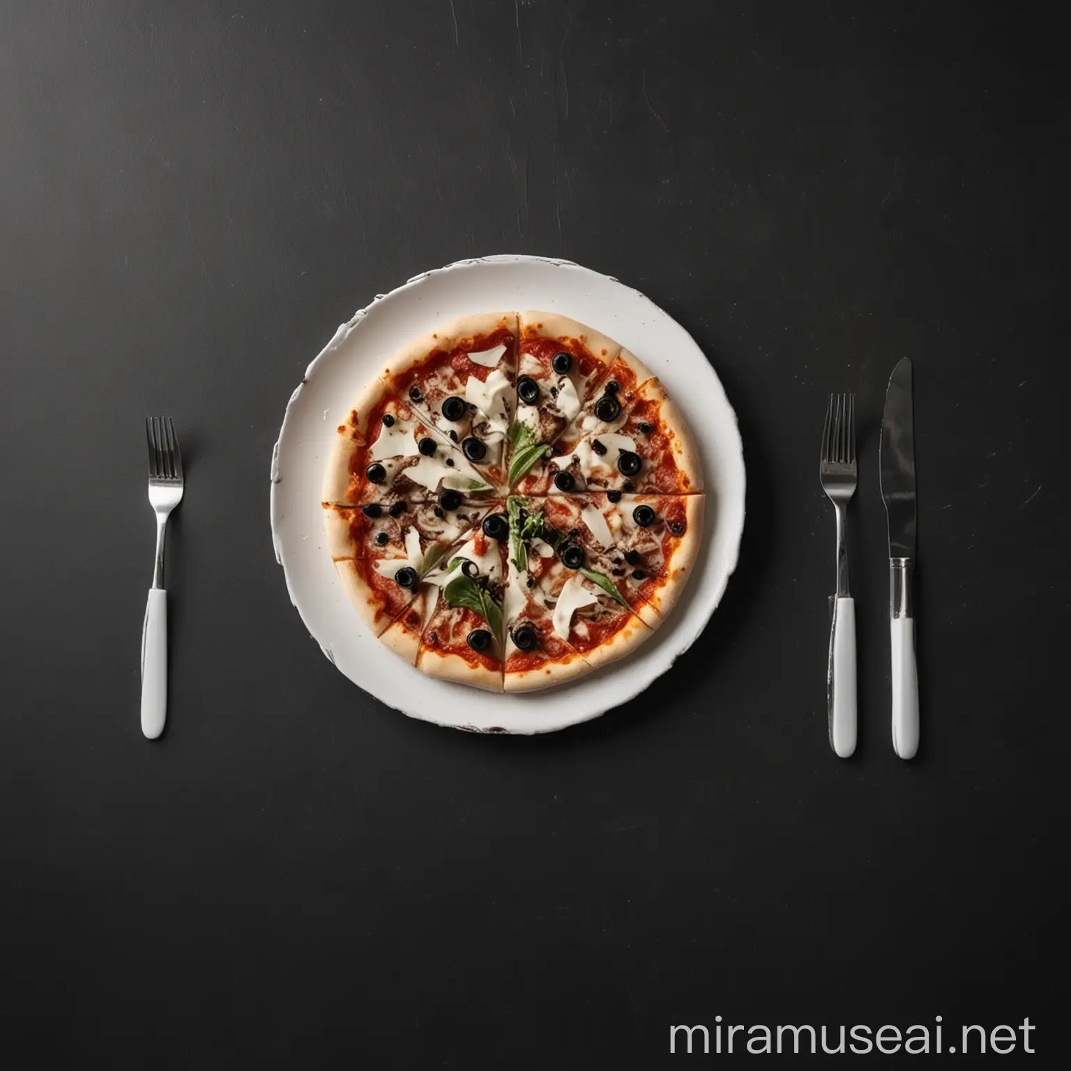 Overhead View of Pizza Hawaii on White Plate with Cutlery