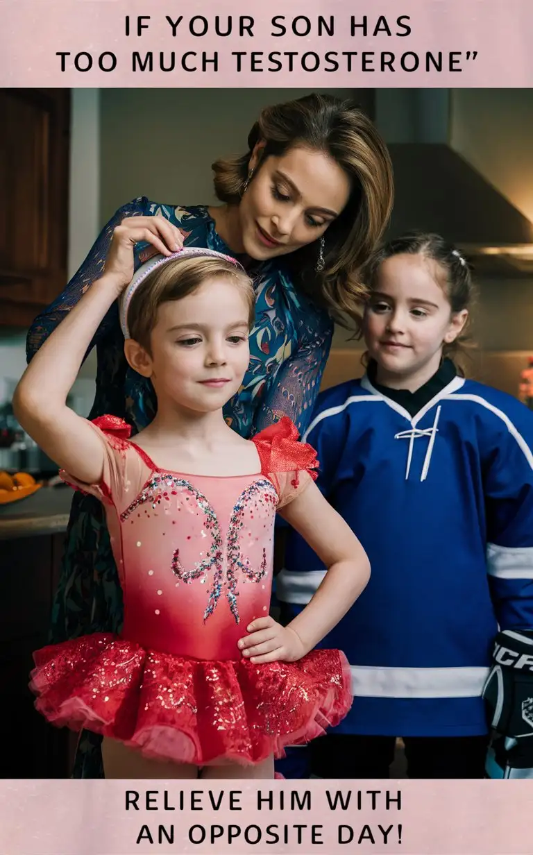 Gender role-reversal, Photograph of a mother dressing her young son, a boy age 8 with short smart blonde hair shaved on the sides, up in a frilly sparkly red ice skating dancer dress, and she is dressing her young daughter, a girl age 9 with long hair in a ponytail, up in a blue ice hockey uniform,  in a kitchen, the mother is putting a headband on the boy, adorable, perfect children faces, perfect faces, clear faces, detailed faces, perfect eyes, perfect noses, smooth skin, top caption "if your son has too much testosterone”, bottom caption “relieve him with an Opposite Day!“
