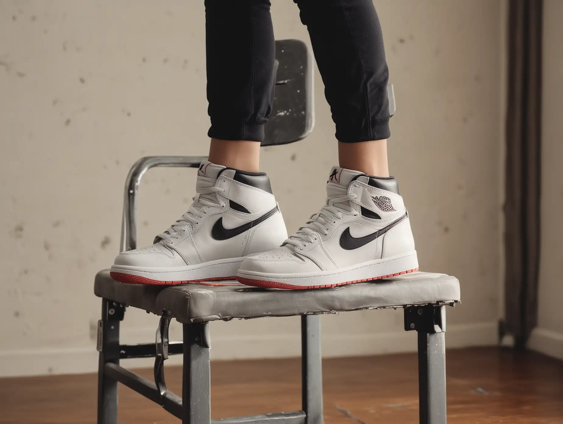 Asian girl's feet in Air Jordan 1 OG High, stomping on a gym chair