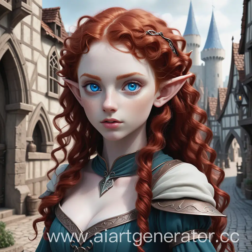 Рыжая девушка эльф, голубые глаза, на фоне средневековый город, бледная кожа, кудрявые волосы.