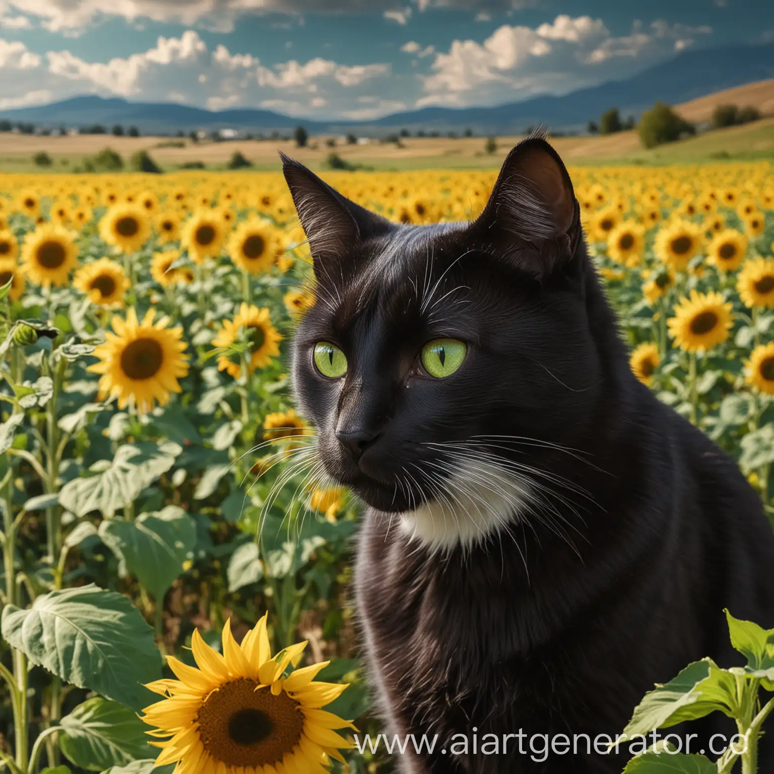 A black cat with a white muzzle and green eyes thoughtfully looks at the field of sunflowers