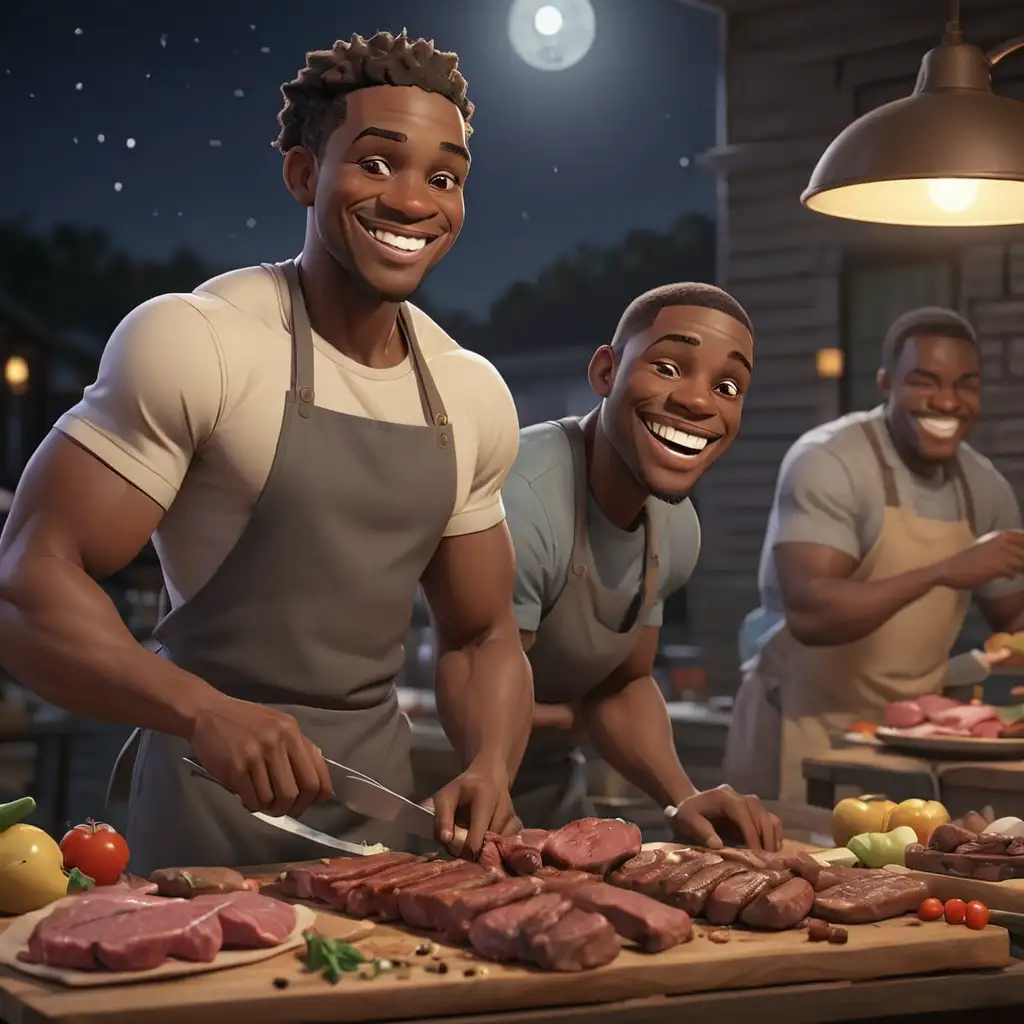 Joyful African American Men Grilling Meat Under Moonlight
