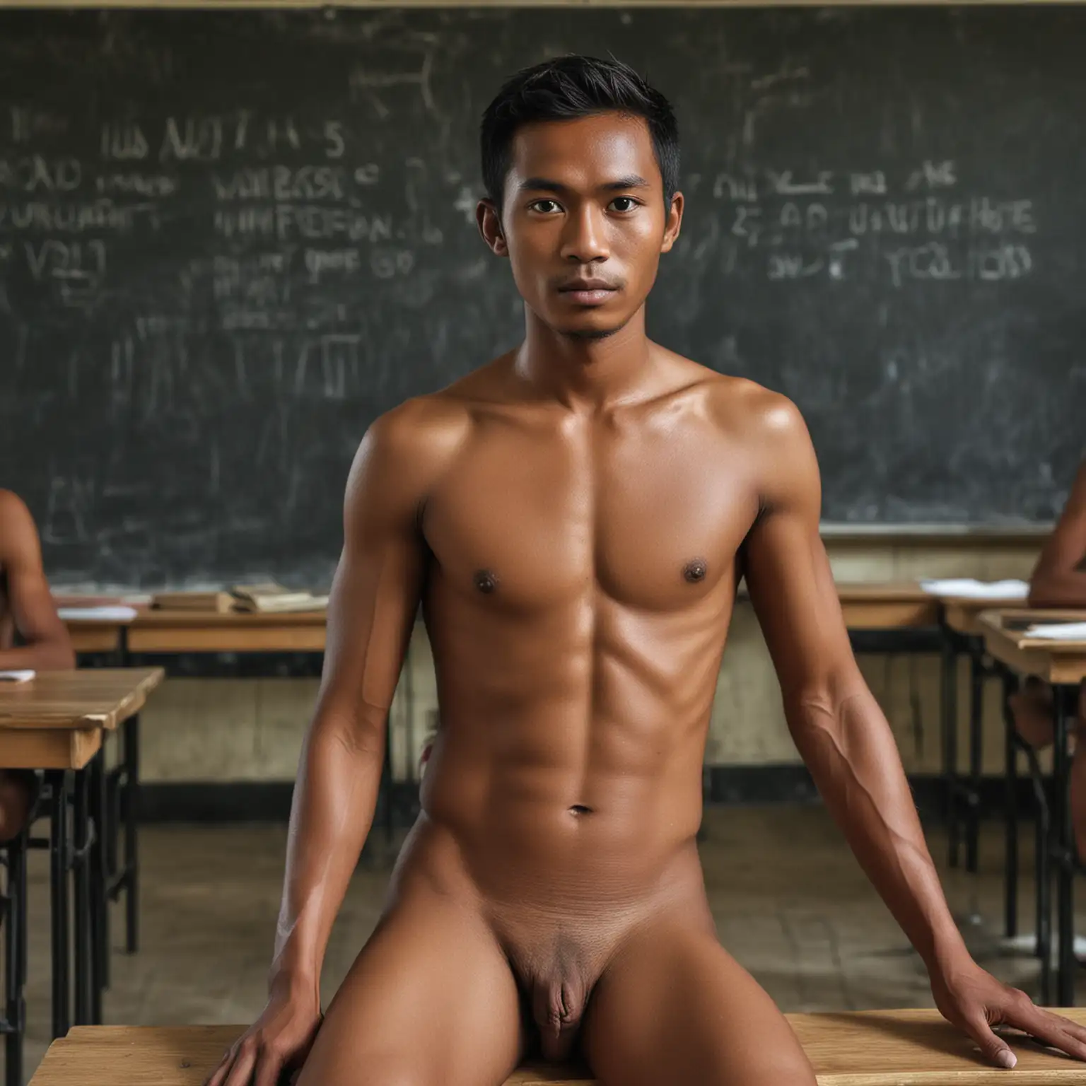 naked man 35 years old  indonesian, dark skin,  in the classroom