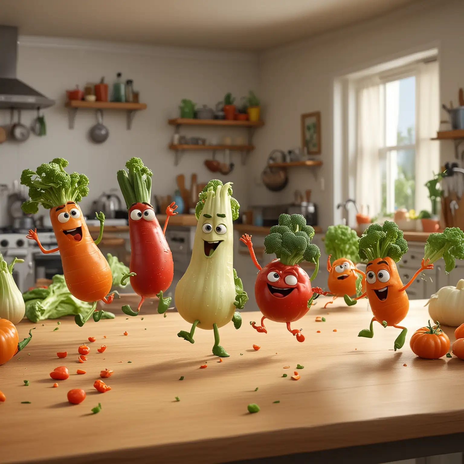 pixar style vegetables dancing on a kitchen table
