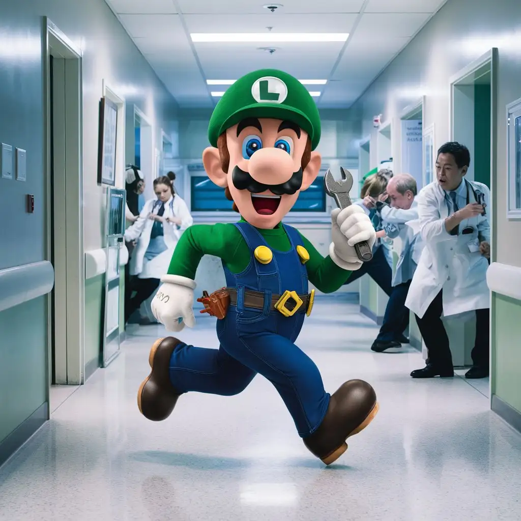 Luigi dressed as a mechanic running through a hospital