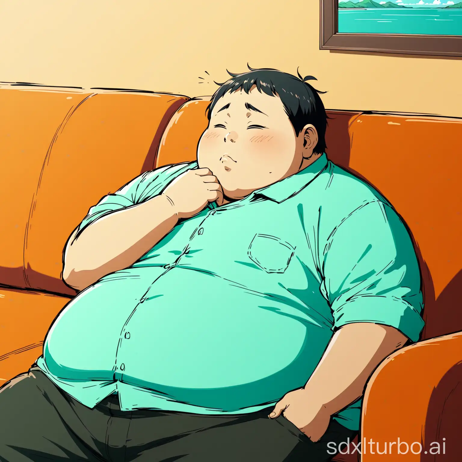 A fat Chinese boy lies on the sofa, tired, Miyazaki style