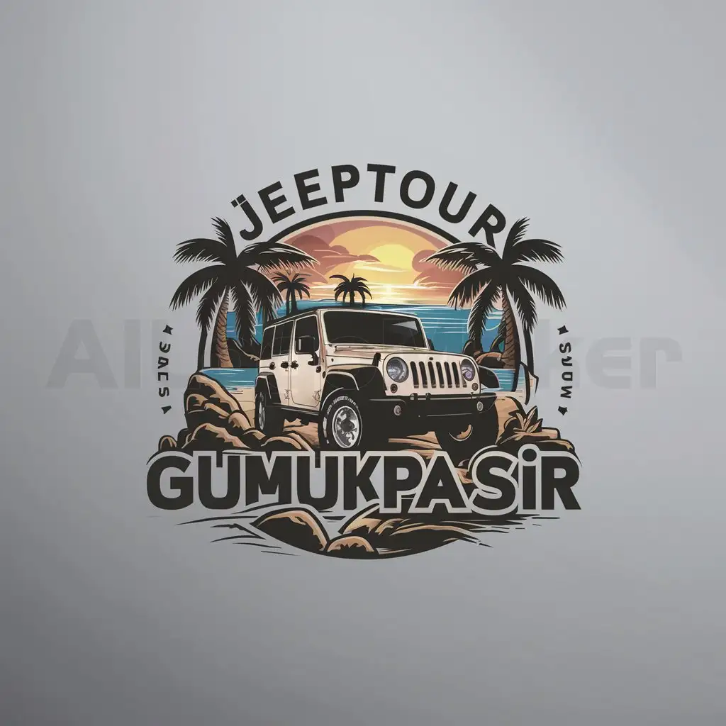 a logo design,with the text "jeeptour gumukpasir", main symbol:jeep offroad, palm tree, beach, rock, sunset, color,Moderate,clear background