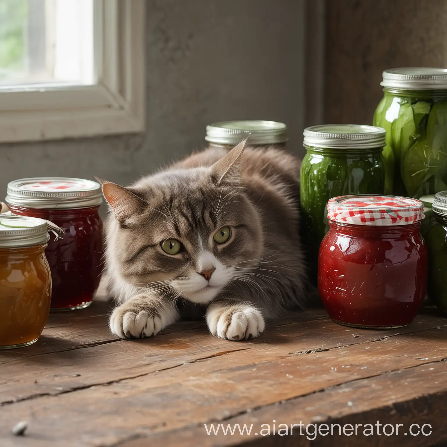 the cat lies next to jars of jam, cucumbers