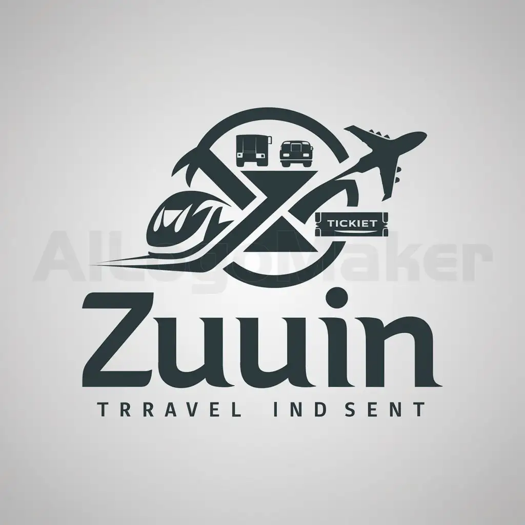 a logo design,with the text "ZUUIIN", main symbol:Train, Ticket, Bus, Flight,Moderate,be used in Travel industry,clear background