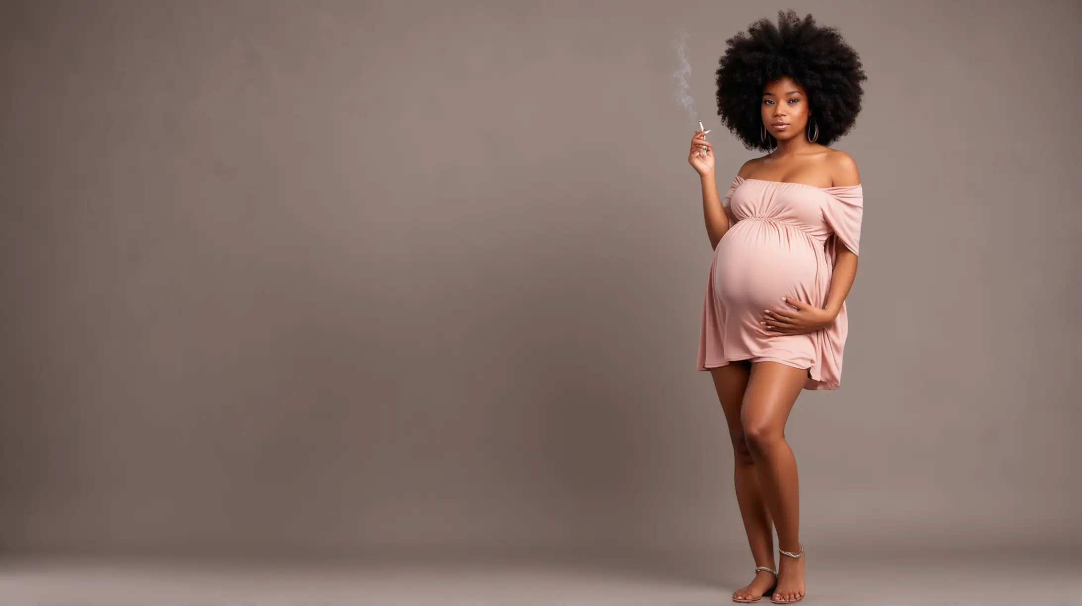 Full body shot of Beautiful Black woman pregnant with Afro and smoking a cigarette