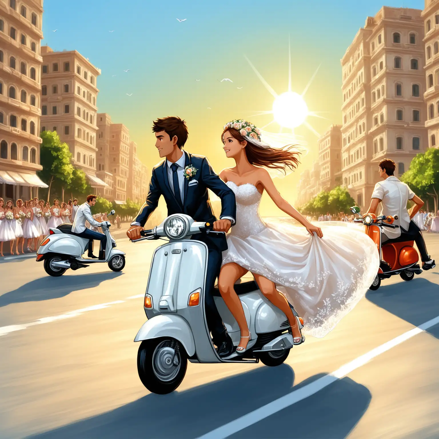 Город, солнце, сочи, море, скутер мчится по дороге, на скутере парень и девушка в свадебном платье, вид сбоку