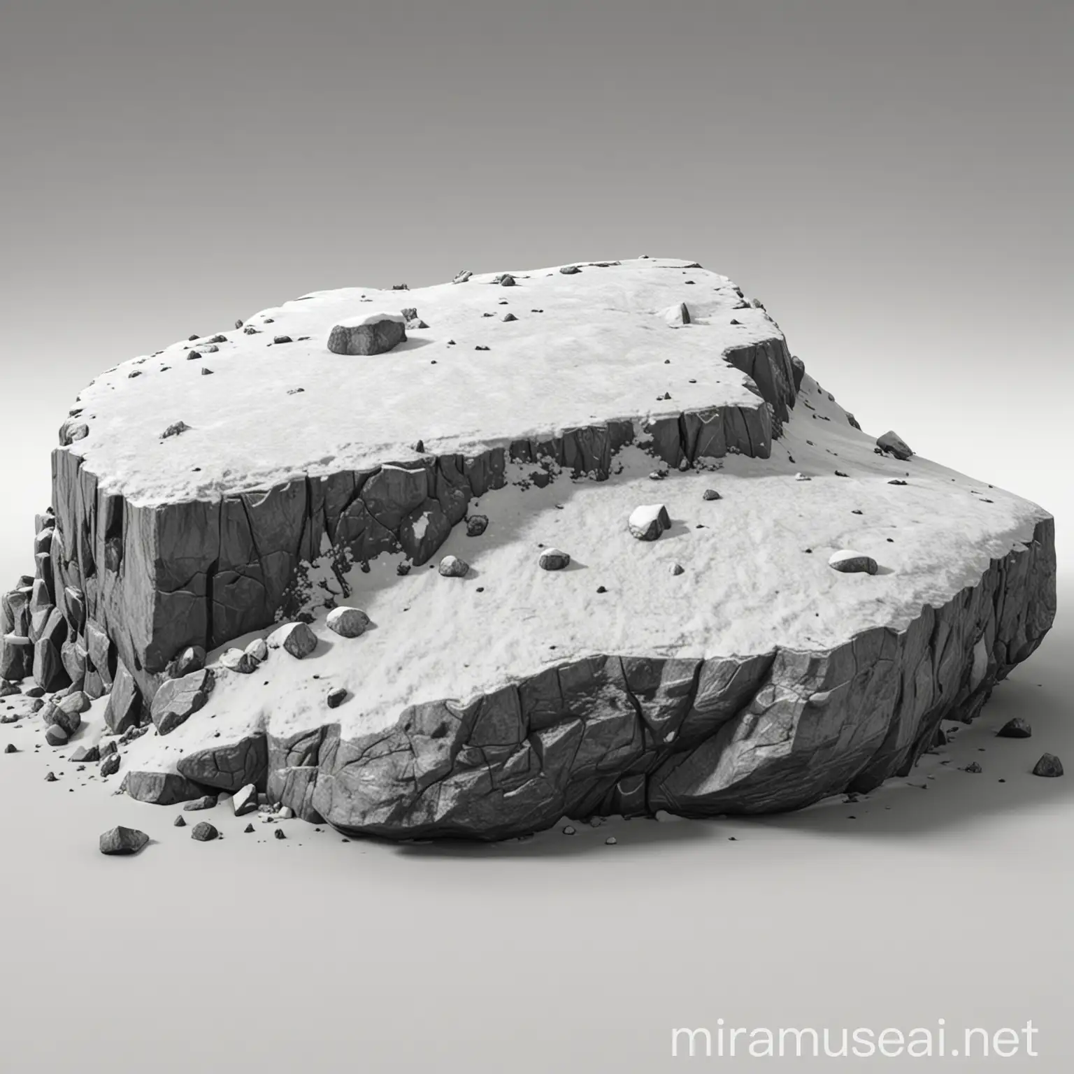 flat top snow rock, realistic drawing, cinematic, unreal engine 5 rendering monochrome, sketchfab, with 100% white background, sprite sheet, spread sheet, realistic drawing, in a front view prospective