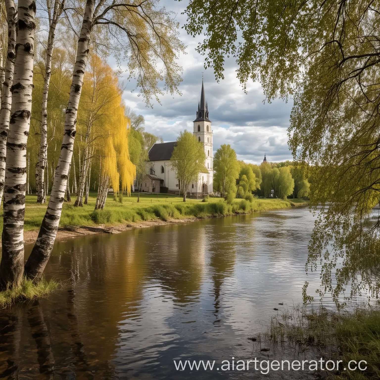 On the foreground there is a river, on the background a church with a birch tree on the side