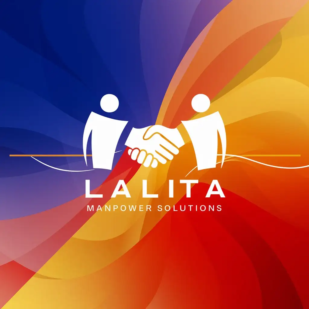 create a minimalistic logo of LMS mixed with abstract gradient blue, orange, yellow, red,  for Lalita Manpower Solutions in simple no colour, two mans handshake together inside the background. with line abstract golden colour. generate more like this

