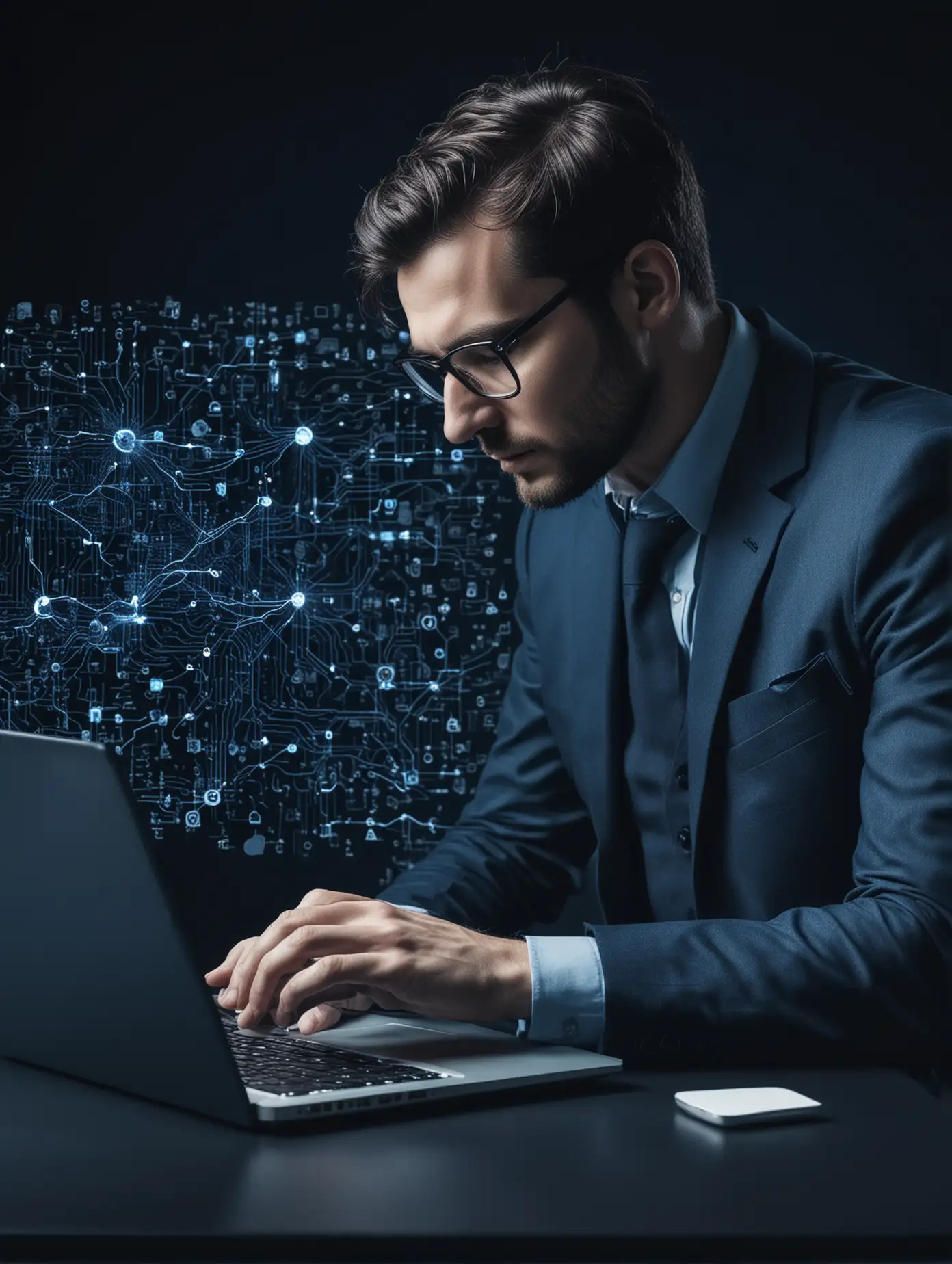 dark blue theme. Professional photo of a man doing machine learning on laptop 