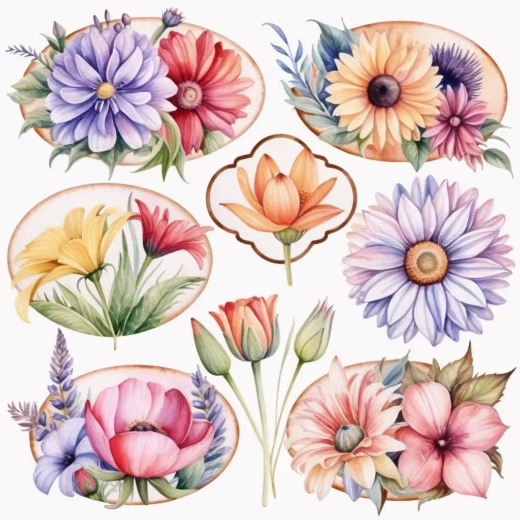 Different flowers tags, In watercolor