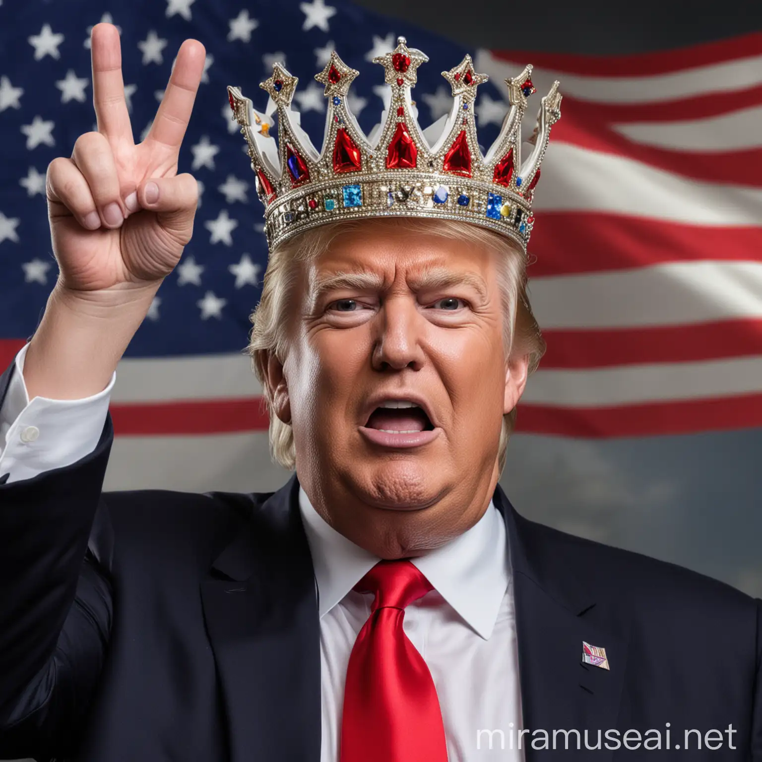 Extra patriotic image of Donald Trump with his hand up showing he won 2wice and add a crown on his head