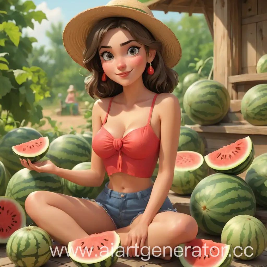 Cheerful-Woman-Relaxing-Surrounded-by-Fresh-Watermelons-and-Melons