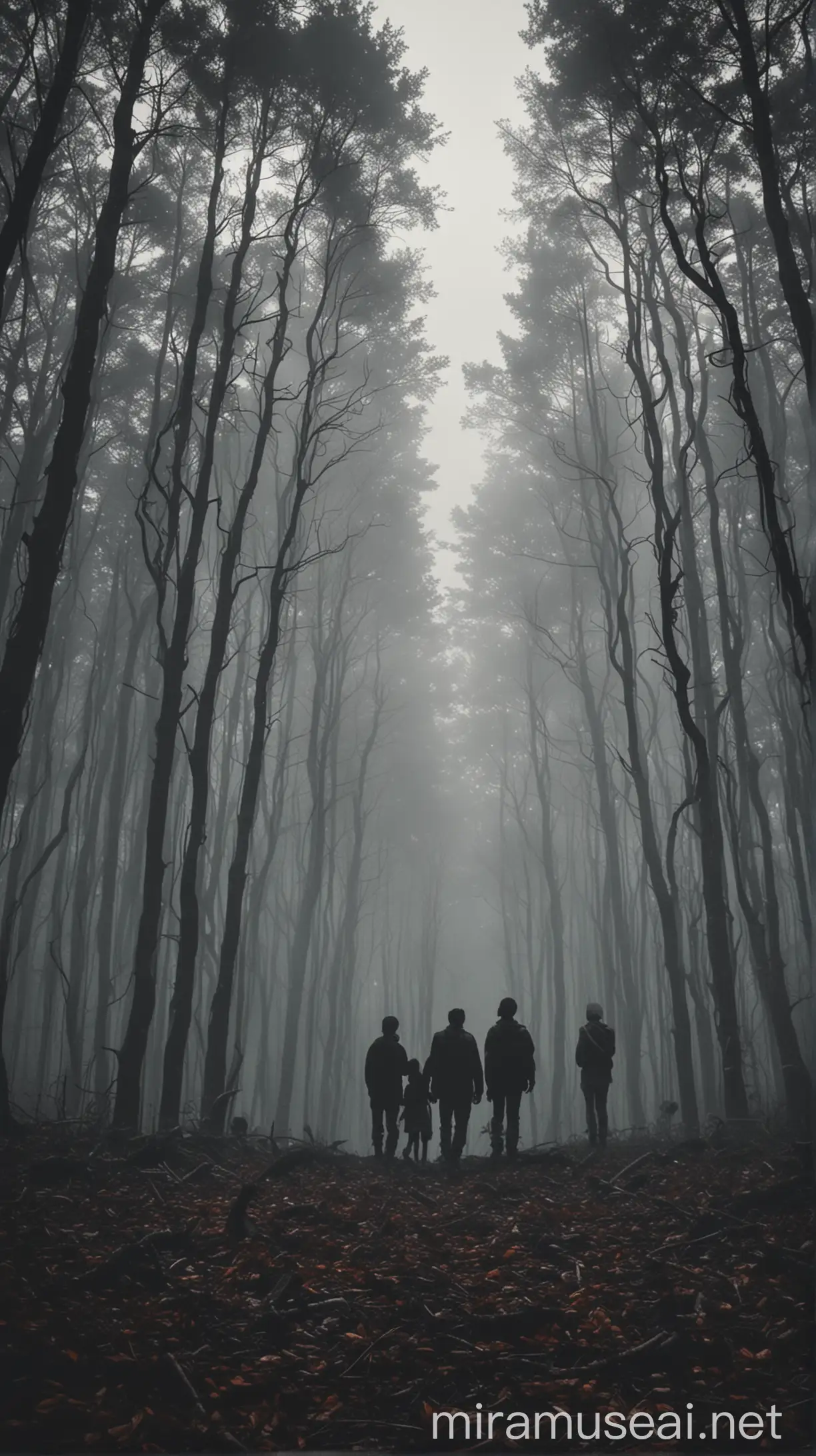 keep the silhouettes of the people but replace the background with a gloomy forest