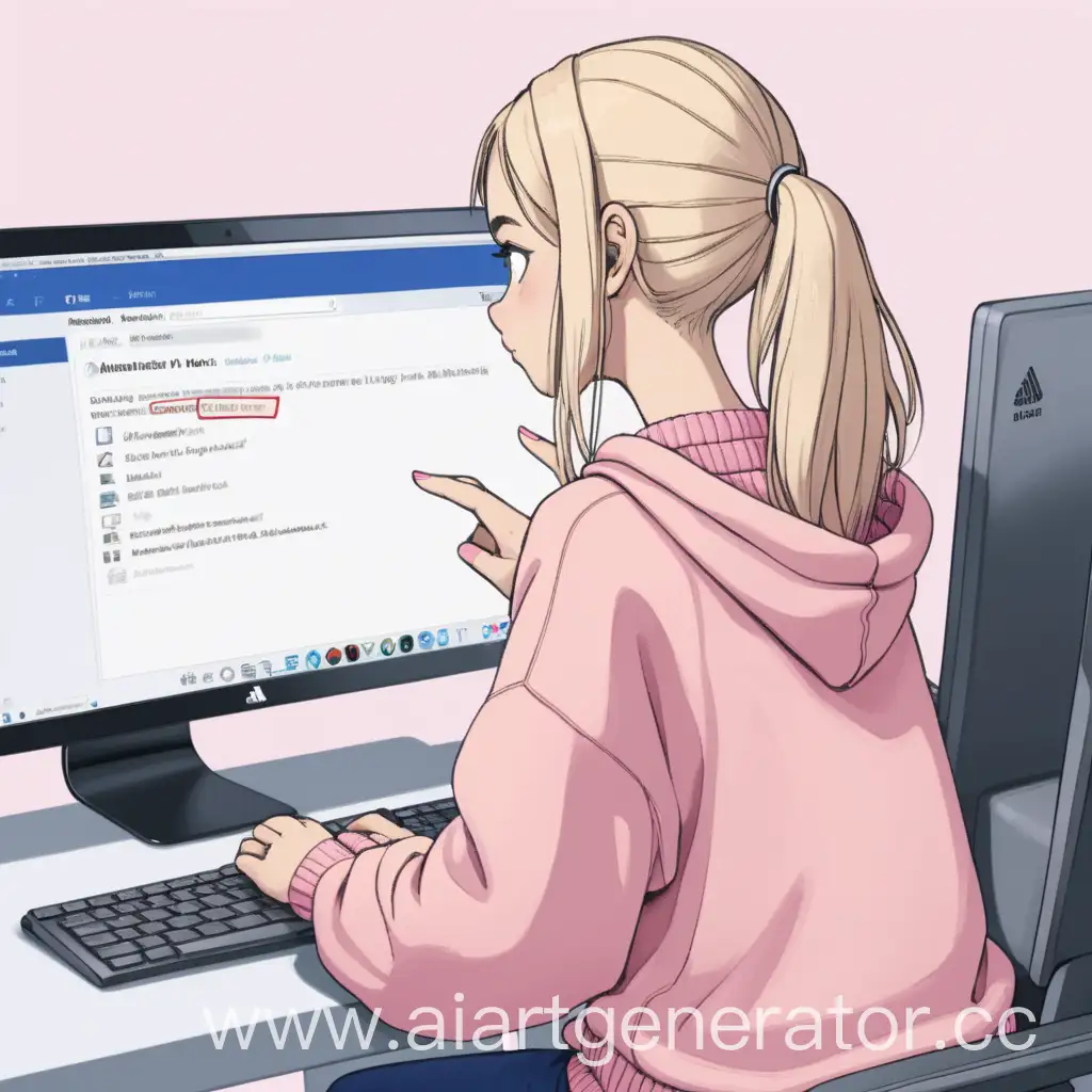 Девушка сидит за компьютером спиной, у нее светлые волосы, розовый свитер, она нажимает на вредоносную ссылку в компьютере, ничего не подозревая