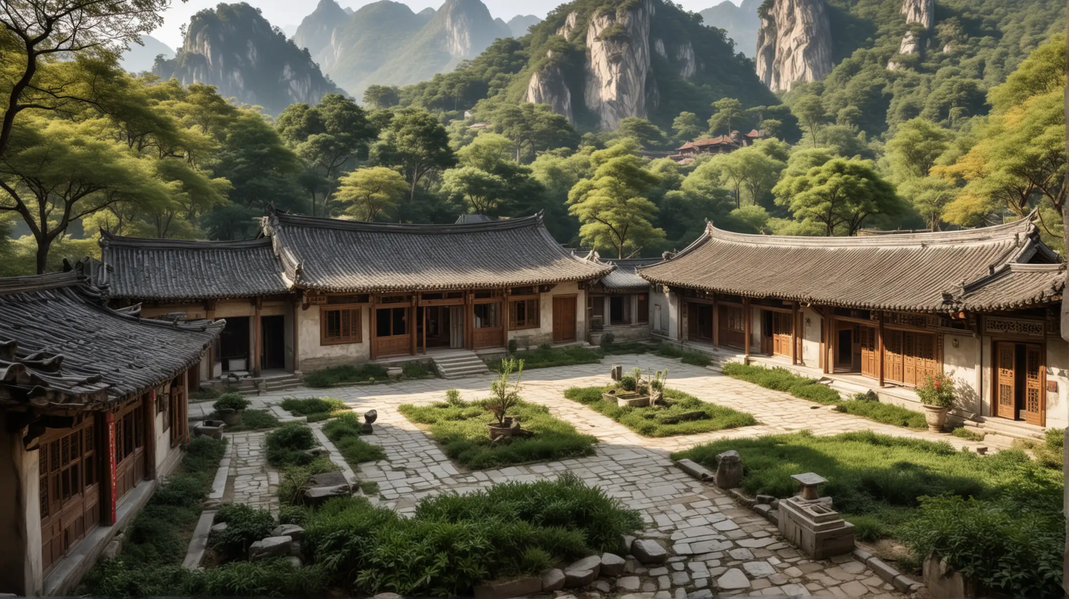 Tranquil Ancient Chinese Countryside Farmhouse Amidst Forest and Mountains