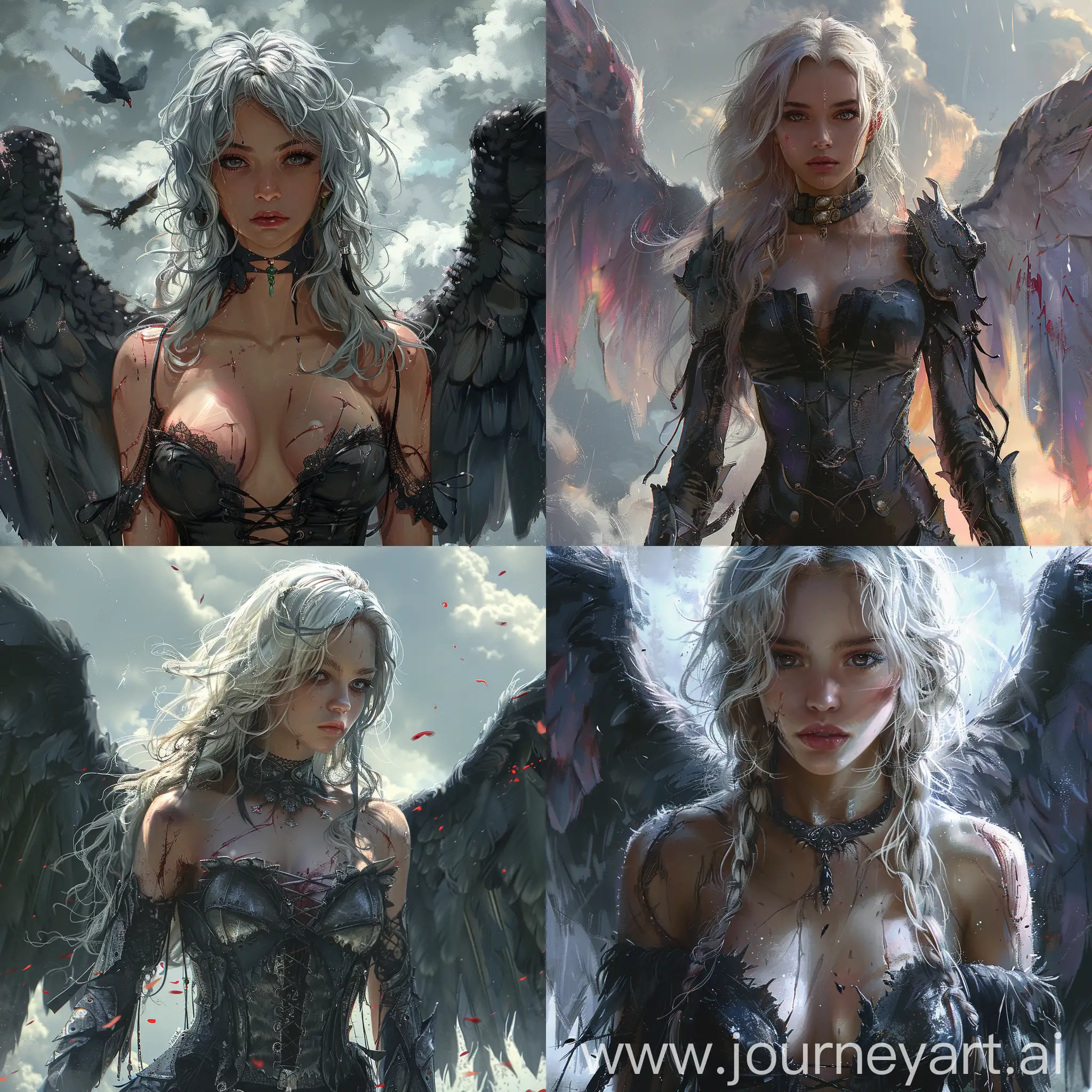Anime::1.3 female dark angel with large tattered black wings, standing in front of a cloudy sky background with gray and purple hues, the angel has long white hair, violet eyes and is wearing a black leather tunic, the wings are spread out and there are red paint drips trailing from them, --s 500
