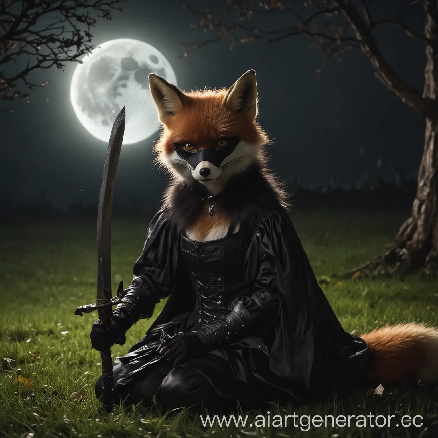 На траве сидит фурри лисица, дымного окраса в черном капюшоне и маске. Ее взгляд падает на меч, лежащий под лунным светом, ее глаза дают понять о её стервозном и хитром характере