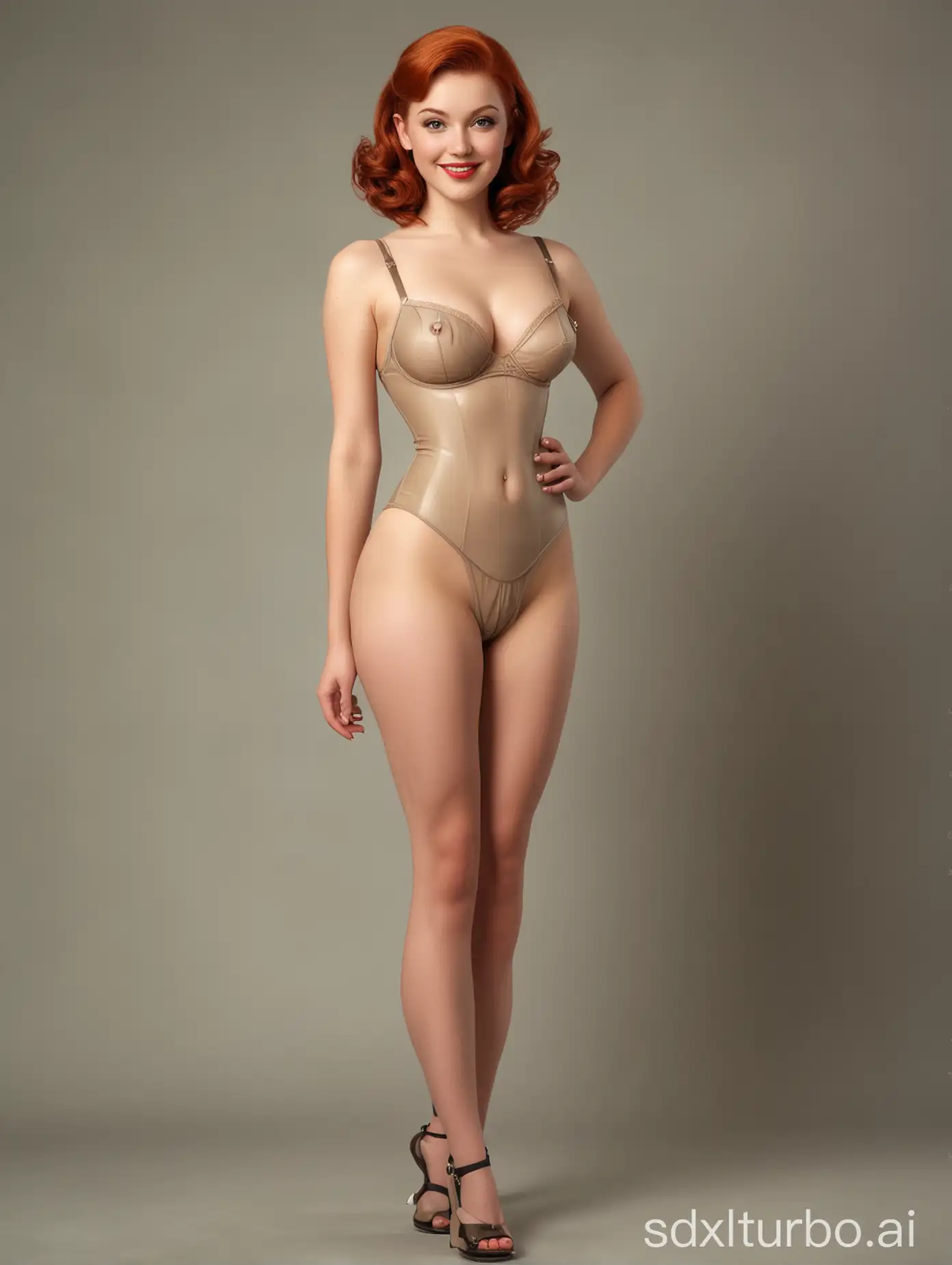 full body picture, full legs,a photorealistic photography , charming grin,  short flat hourglass shaped pinup, very stylish, bare  body bottom, pure cute beauty, showing intimate body ,long stylish haircut, clear eyes, Allen Anderson, Vaughan Alden Bass, Rudolph Belarski,  Enoch Bolles, Margaret Brundage,  Al Buell, Henry Clive