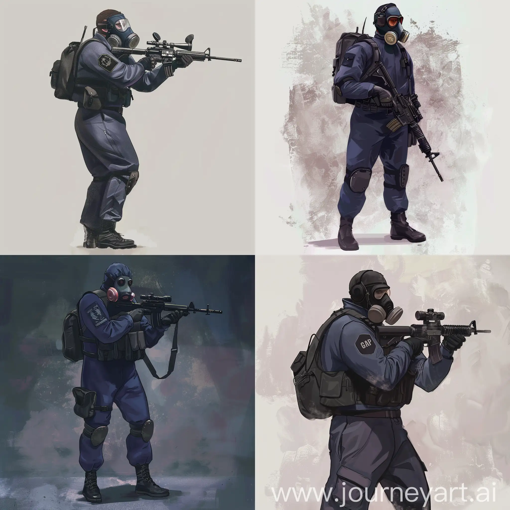 Concept character art, British SAS operator, dark purple military jumpsuit, hazmat protective gasmask on his face, small military backpack, military unloading on his body, sniper rifle in his hands.