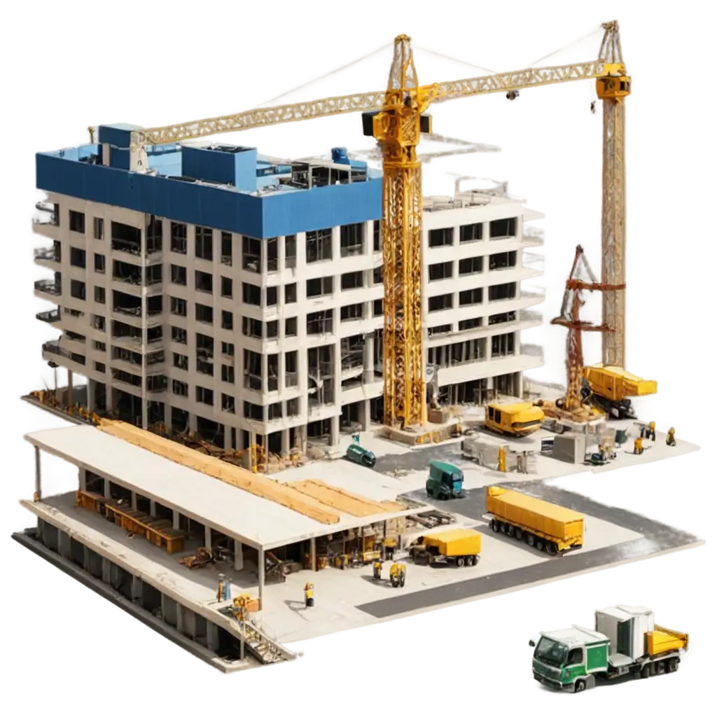 building construction project in progress. Include details such as cranes, material transport trucks, and building structures to showcase the hustle and bustle of a construction project